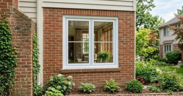 Close-up view of damaged window glass and a full residential window