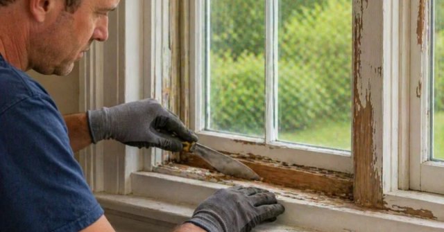 Two photos showing damaged wood window trim and sash condition