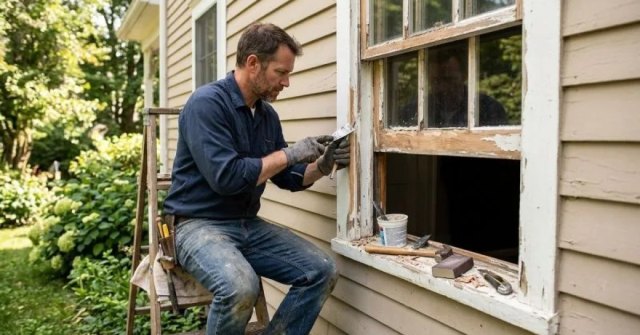 Two photos showing damaged wood window trim and sash condition