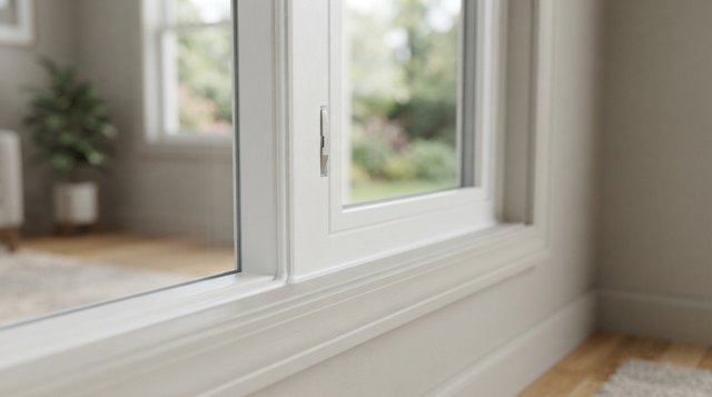 Close-up of fogged window glass beside a full residential window view