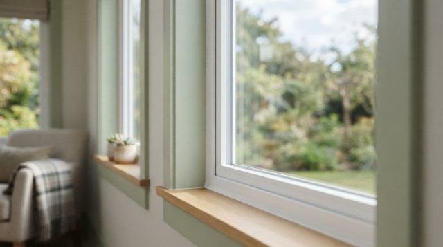 Close-up of fogged window glass beside a full residential window view