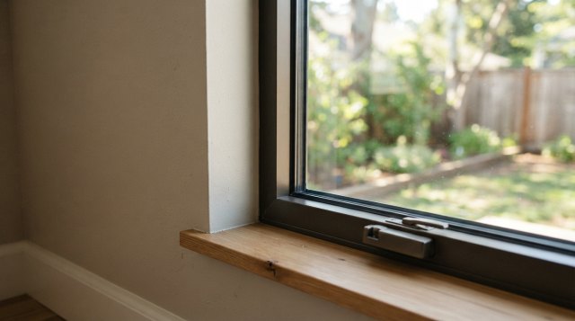 Two photos showing existing aluminum windows and frame condition
