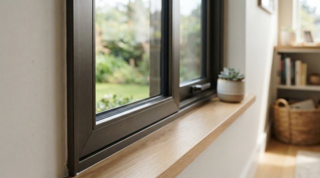 Two photos showing existing aluminum windows and frame condition