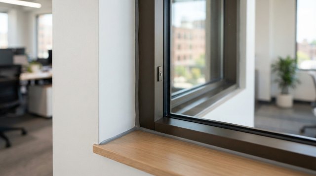 Two photos showing commercial window openings and building exterior